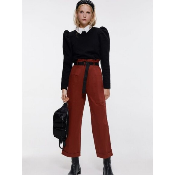 Red Zara Paperbag Waist Cropped Cuff-Hem Wide-Leg Pants Trousers (NWT) - Picture 7 of 7